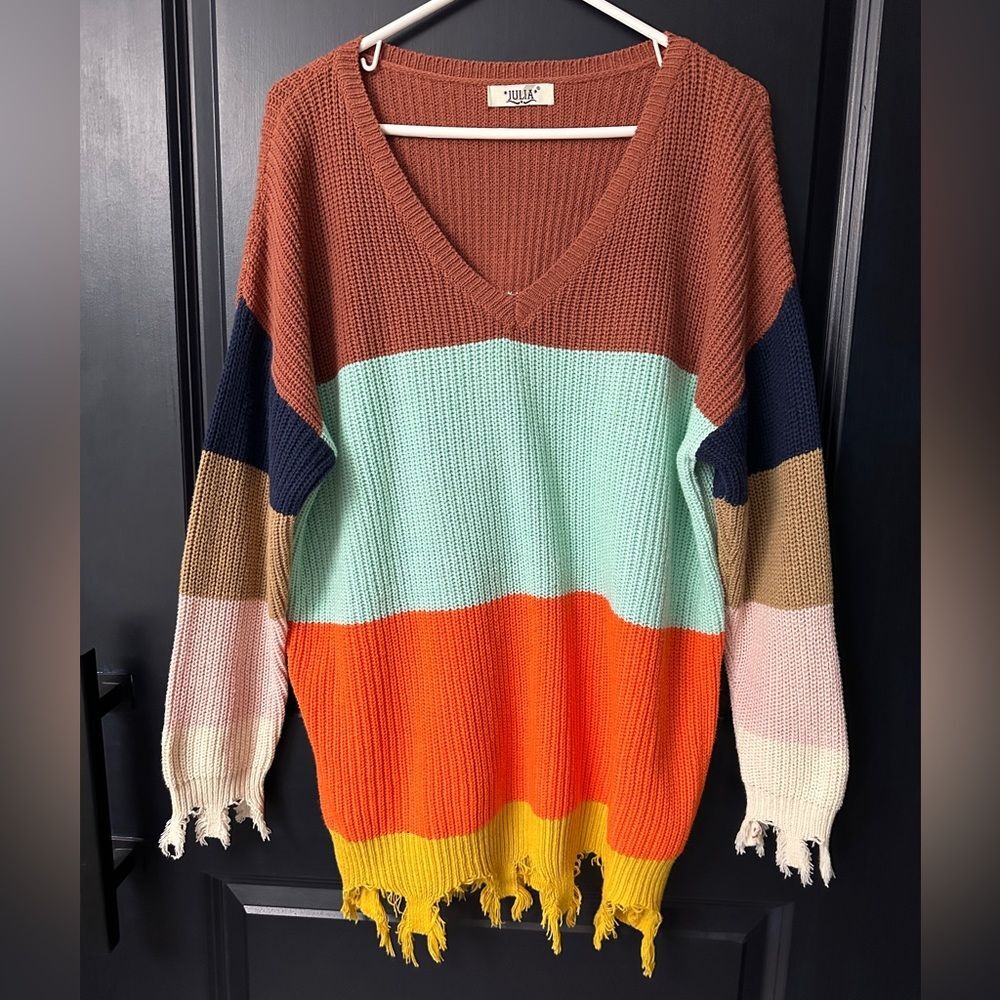 Julia Distressed Chewed Hem Colorblock Knit Oversized Sweater L/XL